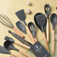 SET 12 PIESE ustensile bucatarie, Antiaderente, Silicon, Maner din lemn