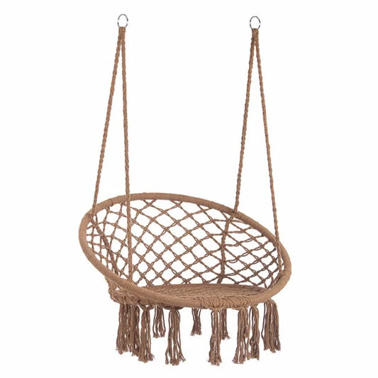 Scaun Rotund tip Leagan Suspendat pentru casa sau gradina, cu franjuri, 150kg, Maro