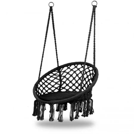 Scaun rotund tip leagan suspendat pentru casa sau gradina, cu franjuri, 150kg, Negru